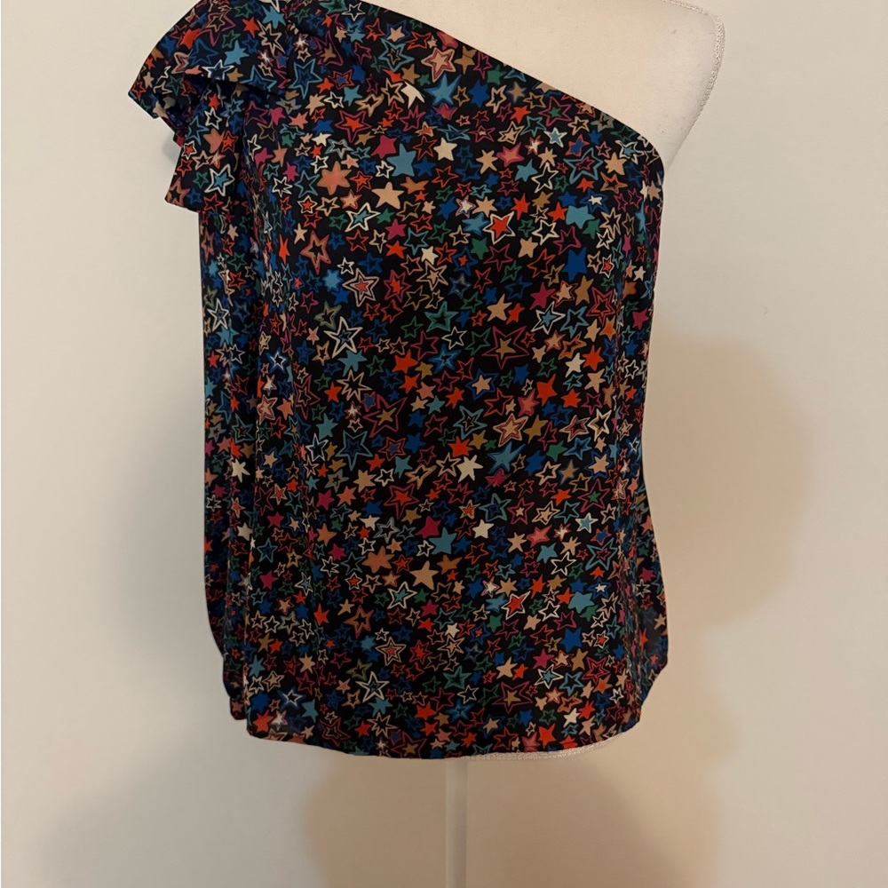 J Crew Colorful Star Print One-Shoulder Blouse Top asymmetrical one sleeve 6 EUC